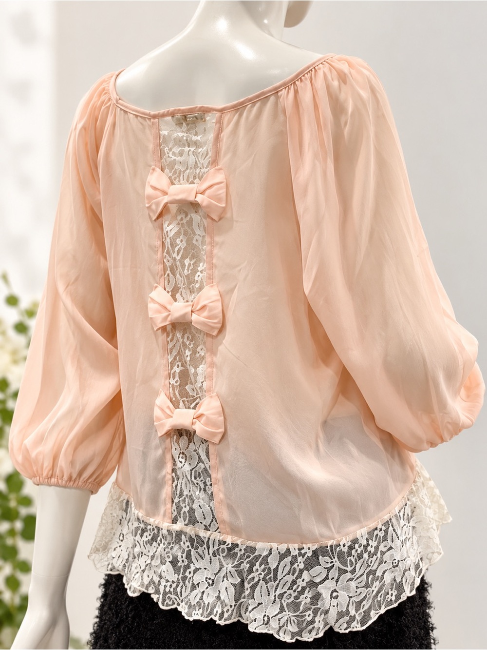 Lily White XL Blush Pink Lace Bow Back Sheer Peasant Blouse